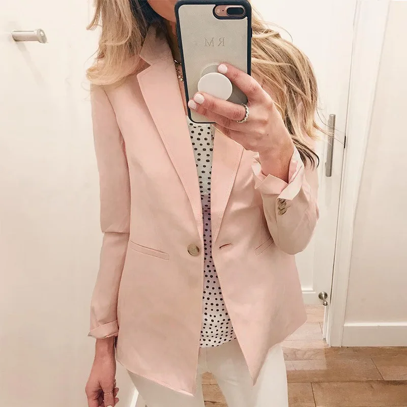 

Autumn Single Button Office Ladies Solid Blazer Long Sleeve Slim Fit Notched Suit Coat Jacket Women Blazers Female 2019