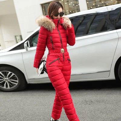 Модная зимняя новая женская хлопковая куртка сиамские комплекты тонкие женские парки толстое теплое пальто с капюшоном меховой воротник верхняя одежда B655 - Цвет: Красный