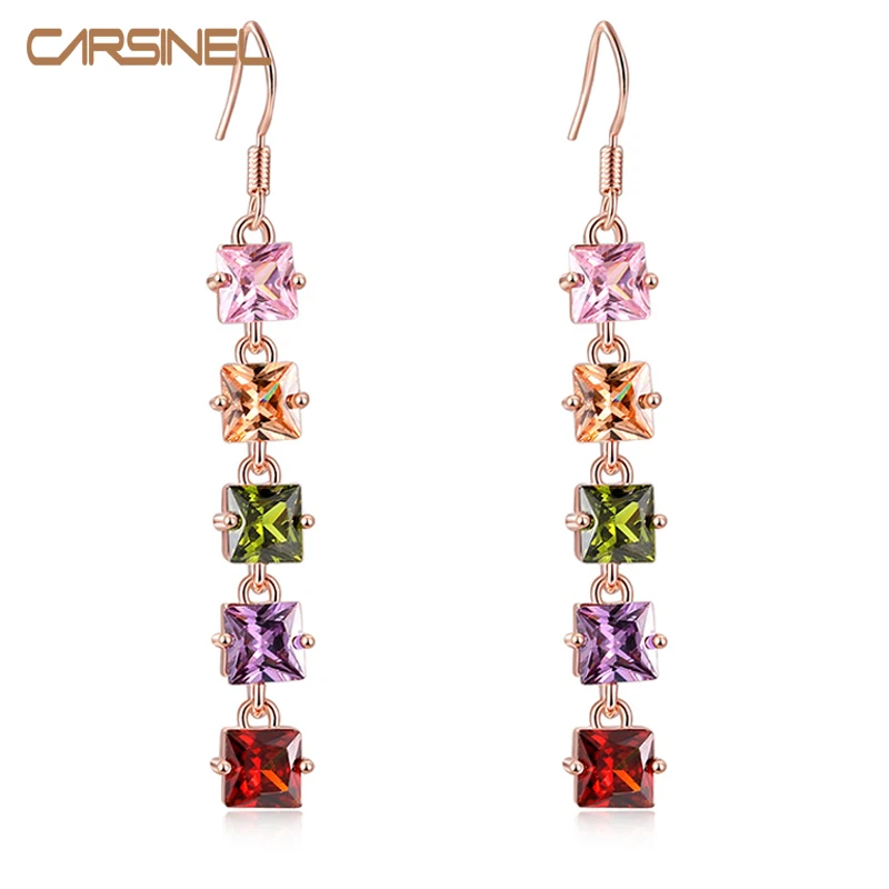 

CARSINEL Brand New long dangle Colorful Cubic Zircon Square Earrings Party Jewelry For Women Fashion Accessories Wholesale