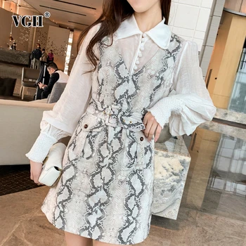 

VGH Women's Suit Lapel Collar Mesh Lantern Sleeve Shirt Snake Vest High Waist Sashes Mini Dress Two Piece Set Female 2020 New