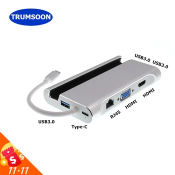 

Trumsoon Type-C to HDMI VGA Gigabit Lan RJ45 Ethernet USB C USB 3.0 Adapter for MacBook Samsung S8 Dex Huawei P20 TV Projector