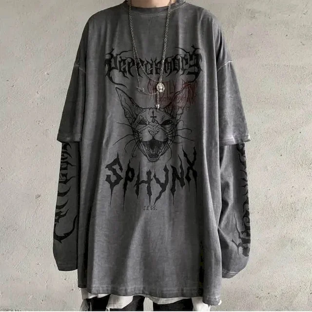 T-shirt Cross of Thorns fake two-piece for men women long-sleeved dark hip-hop loose large size autumn new trend top Simplicity dd1743 gray