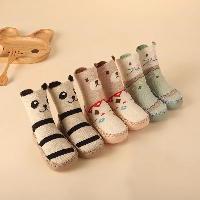 Весна-Осень-зима, носки детские с рисунками, Нескользящие хлопковые детские носки-тапочки с кожаной подошвой, носки для новорожденных