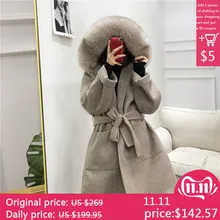 Пальто с натуральным мехом для девушек, повседневная верхняя одежда, зимняя куртка для женщин, Воротник из натурального Лисьего меха, капюшон, Кашемировое шерстяное пальто