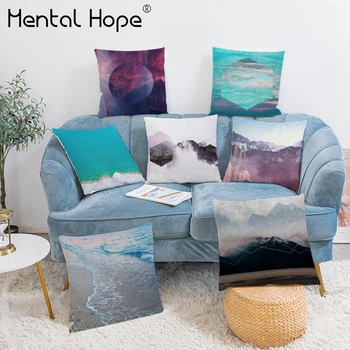 

Scenic Pattern Decorative Cushion Cover Beach Mountain Print Throw Pillow Cover Living Room Square Pillowcase Home Funda Cojin