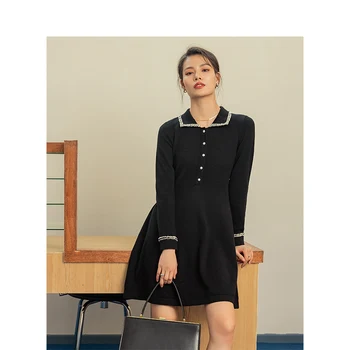

INMAN 2020 Spring New Arrival Office Elegant Style Turn Down Collar Single Breasted A Line Long Sleeve Knit Wear Lady Dress
