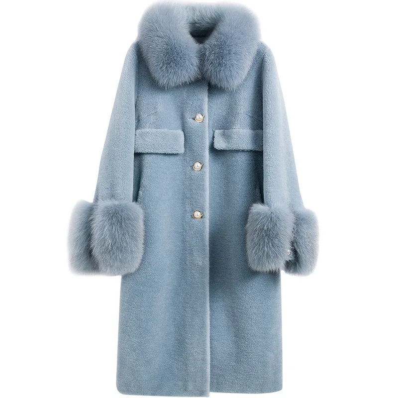 Шуба из овечьей шерсти 2019 натуральный мех зима новый стиль туман дымка синий