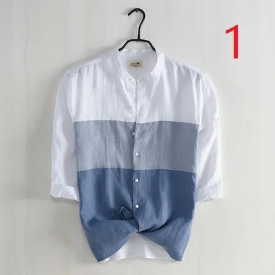 

Color matching small stand collar linen shirt men's fresh literary round neck shirt loose casual cotton cropped sleeves shirt