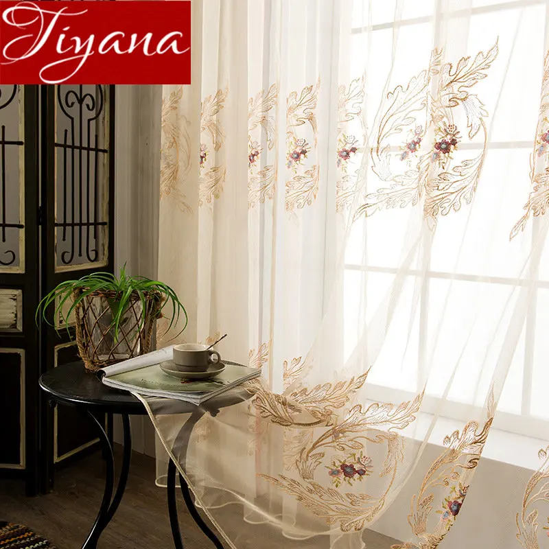 

Floral Embroidery Voile Curtain Sheer Panel Luxury for Living Room Beige Tulle Drape Fabric Cortinas Customized M165#30