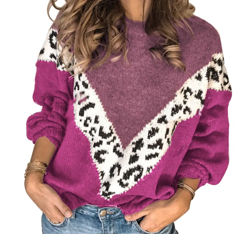 Женский свитер, новинка, Осень-зима, вязаный свитер, пуловер, модный, Леопардовый, с длинным рукавом, v-образный вырез, трикотаж, джерси, Pull Femme - Цвет: Бургундия