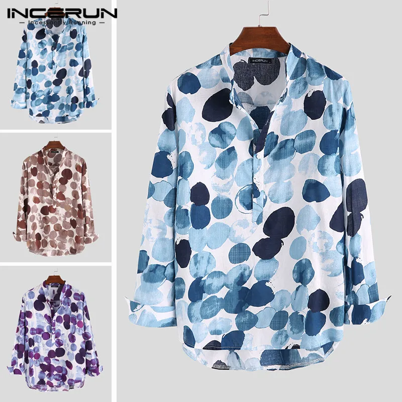 INCERUN Stylish Polka Dot Print Men Shirt Retro Long Sleeve Vacation Cotton Casual Blouse Stand Collar Men Henley Shirts 2020 INCERUN Stylish Polka Dot Print Men Shirt Retro Long Sleeve Vacation Cotton Casual Blouse Stand Collar Men Henley Shirts 2020