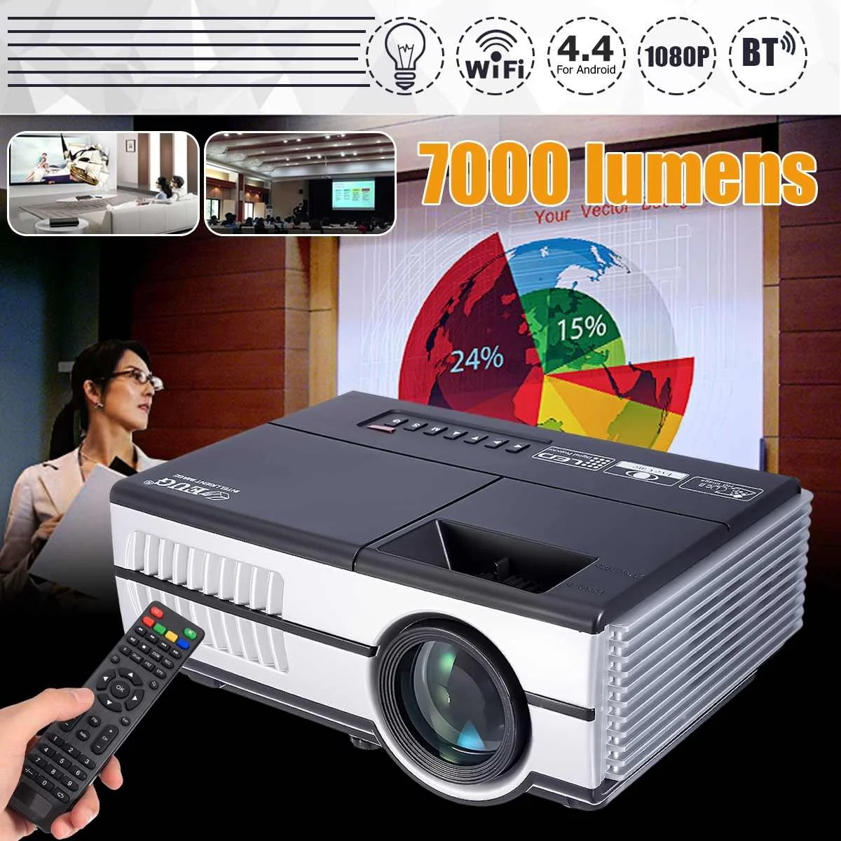 

7000 Lumens Projector Android 4.4 Wifi Wireless Display Home Theater Proyector 600DA(B) Support Full HD 1080P 4K Video With HDMI