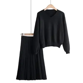 

Women Winter Two Piece Sweater Set V-Neck Long Sleeve Knitted Sweater Midi Skirt Suit Suit Outfits