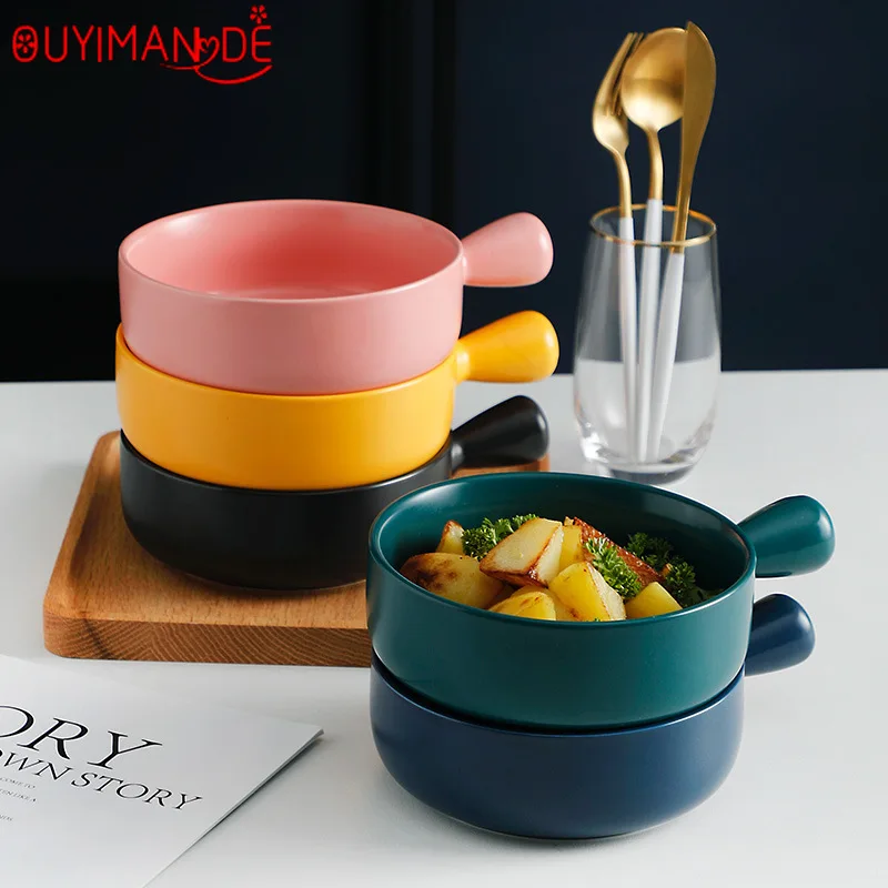 

Nordic Simple Color Glaze Ceramic Baking Bowl with Handle Instant Noodle Bowl Solid Color Oven Pasta Risotto Rice Salad Bowl