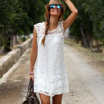 

2019 Women Sexy Lace Flare Sleeveless Mini Short Beach Dresses For Women Solid White Hollow Out Loose Casual Beach Dresses -8