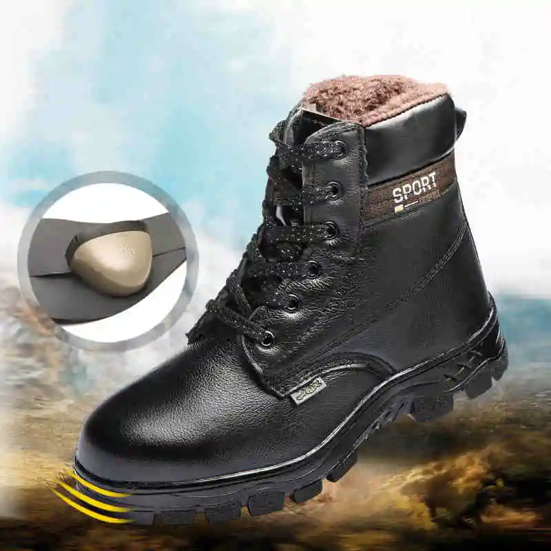 

man shoes Winter Genuine Leather lace-up steel toe caps anti-puncture safety work boots plus big size Safety Steel Toe cap