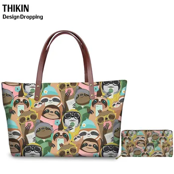 

THIKIN Causal Women Handbag Social Glasses Sloth Travel Shoulder Bags for Ladies Shopper Tote Bag 2pcs Leather Purse & Wallet