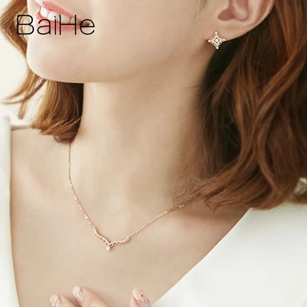 BAIHE Solid 18K розовое золото Сертифицированный H/SI 0.20ct+ 0.15ct натуральные бриллианты женщины изысканное украшение на свадьбу подарок ожерелья