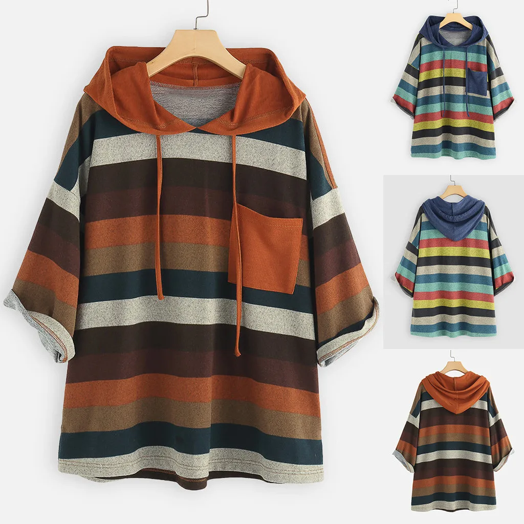 Jaycosin Fashion Autumn Casual Female O-Neck Multicolor Striped Sweatshirt Long Sleeve Comfortable Pocket Jumper Pullover 14#4