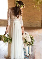 Lace Long Sleeve Bohemian Wedding Dress Beach Tulle Full Length Boho Bridal Gown Custom Made Vestido De Noiva