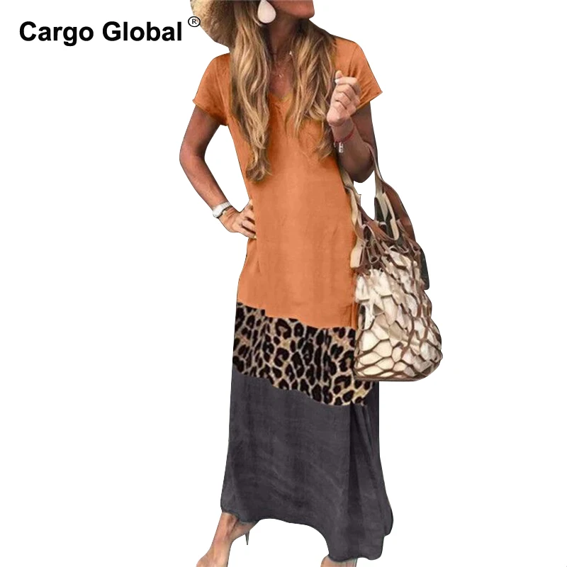 Лето, женское новое популярное длинное платье с коротким рукавом и v-образным вырезом, Свободные повседневные платья с леопардовым принтом