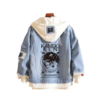 

Tokyo Ghoul Cosplay Costume Jean Jacket Long Sleeve Sweatshirts Spring Hooded Hoodie Unisex Denim Jackets Fashion Frayed Hoodies