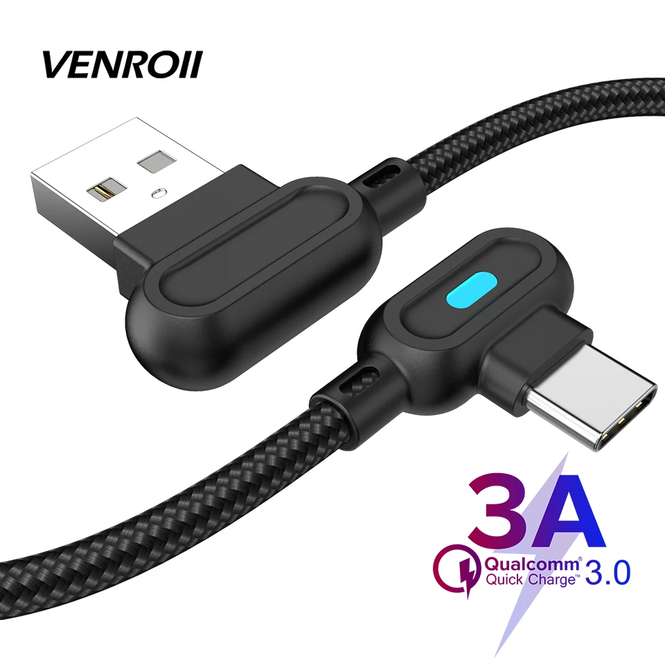 

Venroii 1M 2M USB Type C Cable LED Fast Charging Cord For Samsung Huawei Xiaomi Andriod 90 degree Mobile Phone Charger Data Cabo
