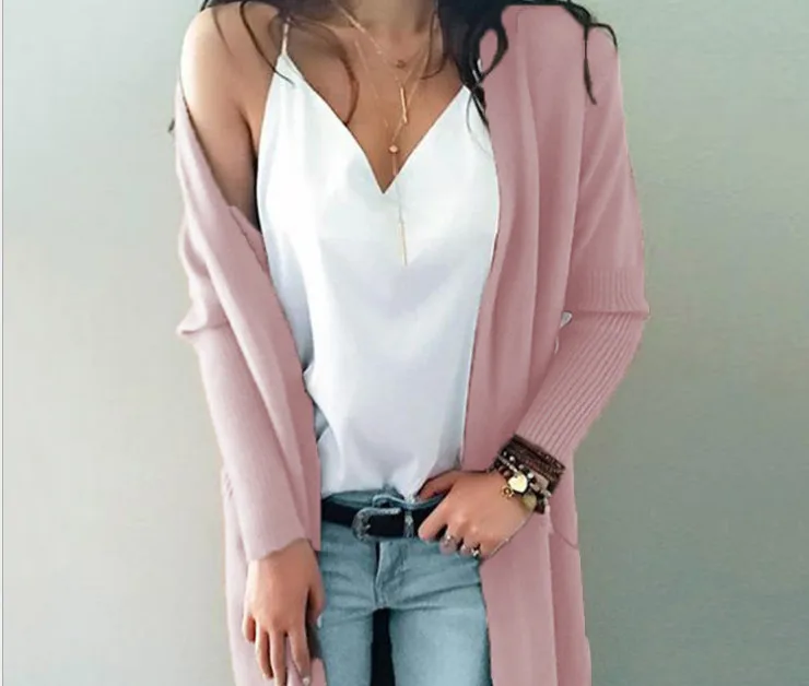 PINK Yinlinhe хаки длинный кардиган женский кашемировый однотонный вязаный свитер женский длинный рукав зима карманы женский кардиган кимоно - Цвет: PINK