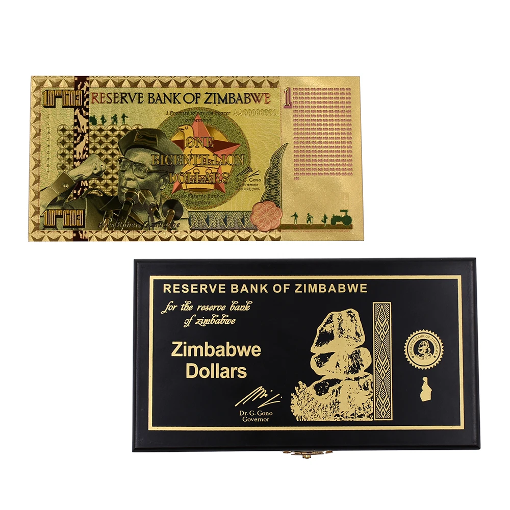 Zimbabwe Gold Banknotes Fake Money Bills 100 Quintillion Dollars 24k Gold Foil Banknote with Box for Christmas Gifts 50pcs/lot - Цвет: 50pcs Bicentillion