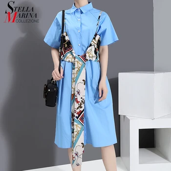 

* New Women 2020 Summer Korean Style Blue Shirt Dress With Sashes Knee Length Ladies Stylish Midi Casual Dress Robe Femme 6063