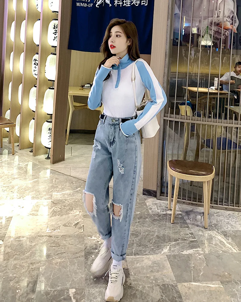 

2019 Early Autumn Stripes Knitted Long Sleeve + with Holes Cowboy High Waist Pants Loose Straight Dad Pants Suit