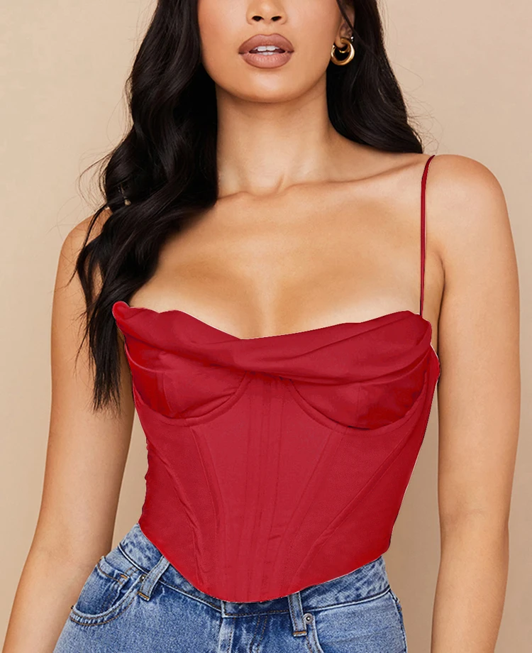 spanx camisole NewAsia Satin Corset Top Spaghetti Strap Lining Cowl Neck Boning Padded 2Layer Backless Zipper Bustier Sexy Crop Tops Women 2021 corset t shirt