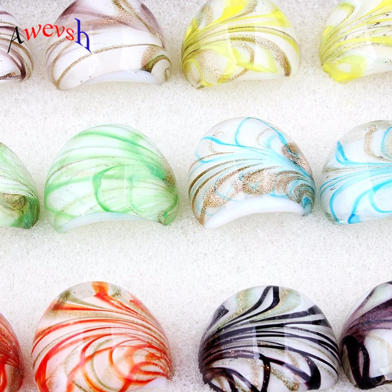 

20pcs Fashion Ring Handmade light Blue Yellow with flower Translucent Murano Glass Rings for women wholesale Free shipping
