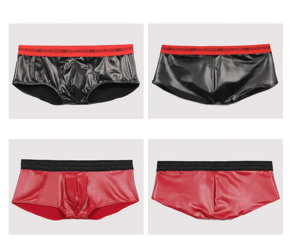 Sexy Men PU Latex Shiny U Convex Pouch Boxers Sexy Lingerie Low Rise Micro Mini Bikini Patchwork Gay Wear Plus Size Sexy Tight