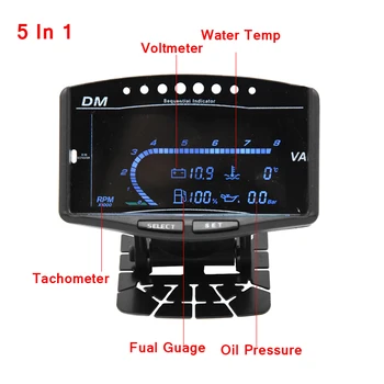 

RU 5 In 1 Car LCD Digital Oil Pressure Sensor 1/8 NPT Voltmeter Tachometer Water Temperature Fuel Rpm Gauge Meter Motorcycle
