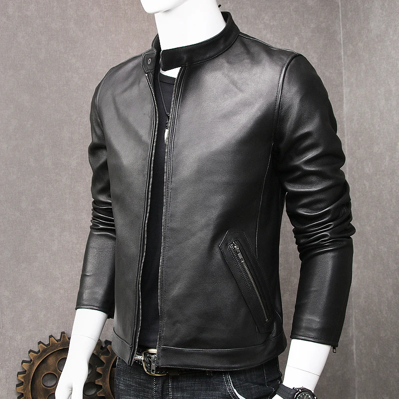

Free Shipping Black Real Leather Jacket Men Large Size 4XL Motorcycle Mens Jackets Stand Zipper Genuine Sheepskin Coat Autumn