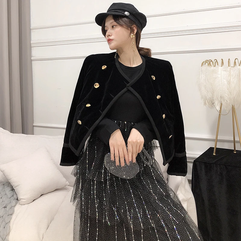 WHITNEY WANG осень зима модная уличная одежда винтажный Стиль двубортный Бархатный жакет для Женщин Офисная Леди Пальто Верхняя одежда