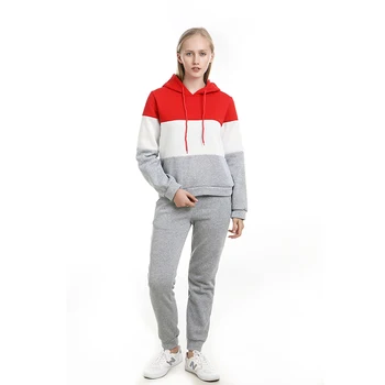 

Fashion 2 Piece Set Women Set Hoodies Top Sweatshirt+long Pants Patchwork Hooded 2 Pieces Sets Women Clothing Set