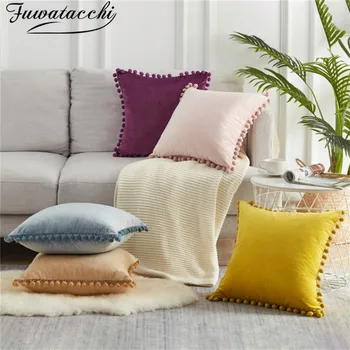 

Fuwatacchi Soft Velvet Cushion Cover with Pompom Ball White Yellow Blue Pillow Cover Bedroom Sofa Decoration Pillow Case 45x45cm