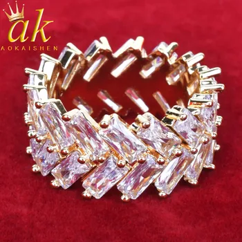 

2 Row Baguette Zircon Men's Ring Copper Charms Gold Color Iced RING Fashion Hip Hop Rock Jewelry