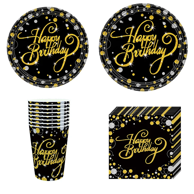Gold Black Happy Birthday Bunting Banner Disposable Tableware Pink Paper Cup Plate Napkins for Kid Birthday Party Decor Supplies