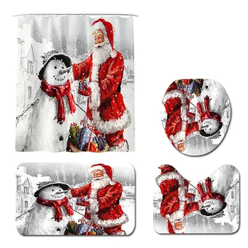 

3D Shower Curtain Merry Christmas Bathroom Sets Snowflake Toilet Cover Mat Non Slip Rug Set Home Decor Santa Snowman