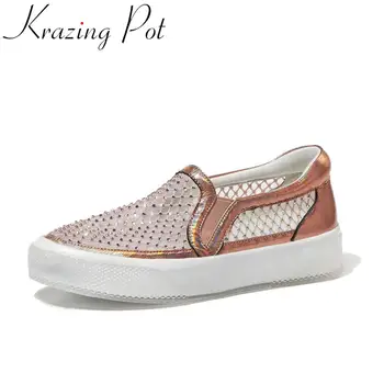 

Krazing pot limited design genuine leather air mesh round toe slip on rhinestone decoration leisure spring vulcanized shoes L06