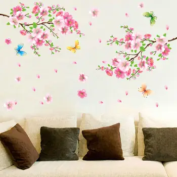 

2pcs Pink Butterfly Flower Wall Sticker Floral Peach Blossom Flower with Butterfly Wall Decal Living Room Bedroom Decor