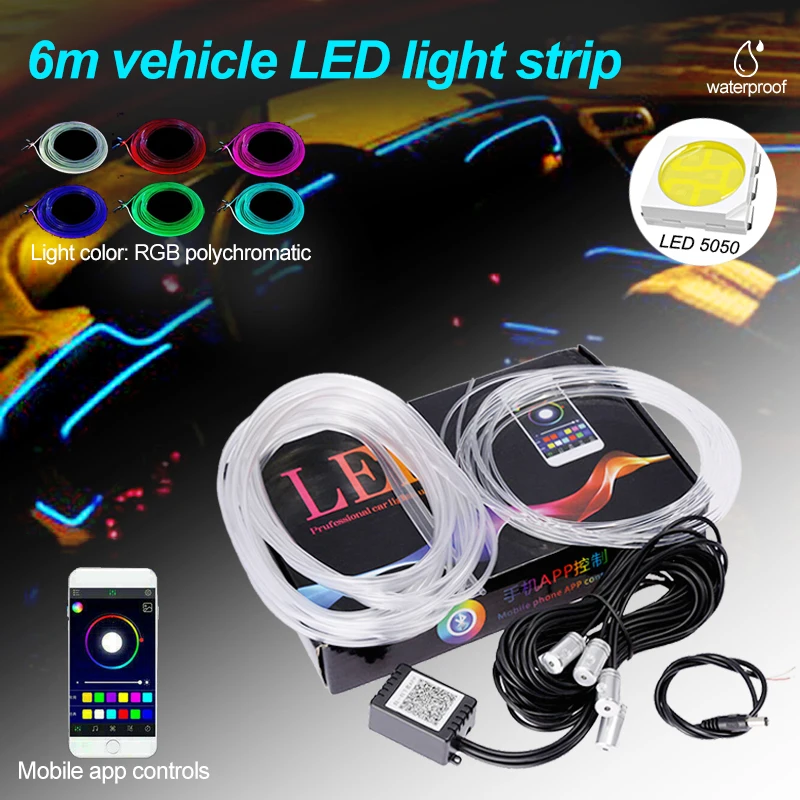 

6M RGB LED Car Interior Neon EL Strip Light Phone Sound Active Control Wire Strip Light Auto Dashboard Decorative Lamp