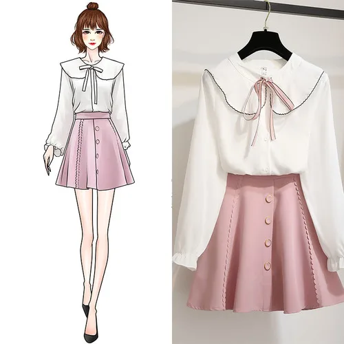 

Peter Pan Collar Long Sleeve Single Breasted Shirts+Buttons Ruched High Waist Mini Skirts New Autumn Women Fashion Sweet Sets