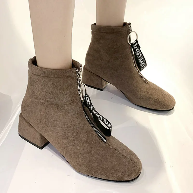 

2019 New Women's Pretty Ankle Boots Soft Suede Leather Casual Shoes Woman Med Heels Female Black Khaki Metal Zipper Footwear