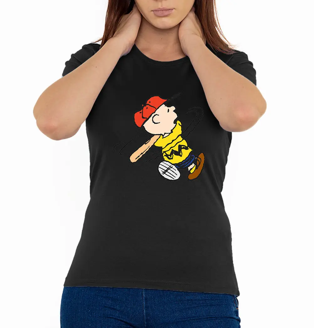 Peanuts Charlie играющая в бейсбол женская футболка черная (размеры S 2XL) мультяшная