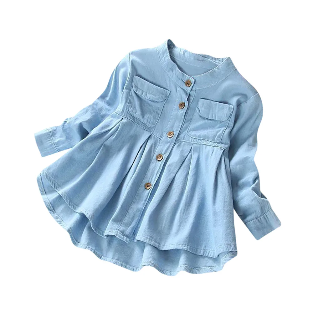 Модная детская одежда для девочек; хлопковая футболка с круглым вырезом; Джинсовая футболка с длинными рукавами и рюшами для малышей; топы; блузка; одежда; H4