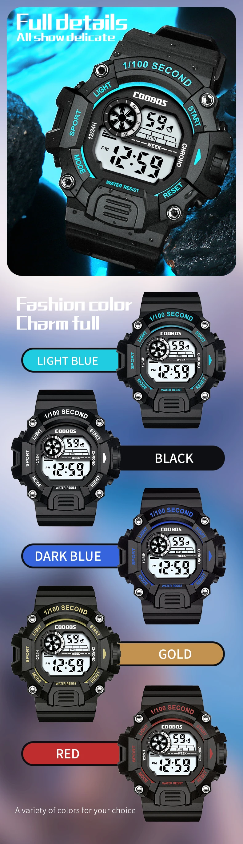 Coobos Men Digital Watch 2022 Birthday Gift Silicone Strap 1/100 Second Sport Clock Green Light Waterproof Wrist Watches for Man